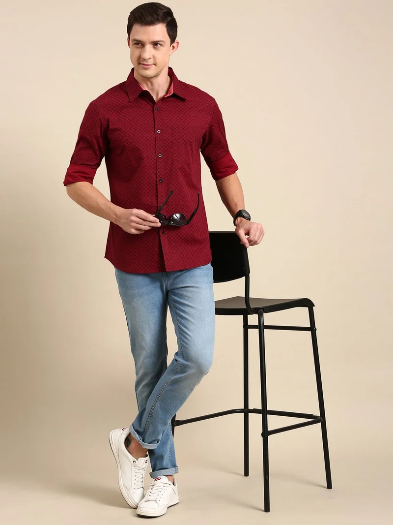 Joven  Maroon Printed Cotton Casual Shirt for Men for Men | Best Price UAE