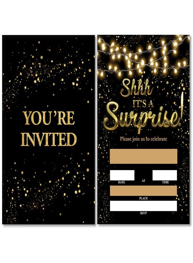 Soiceu Real Gold Foil Shhh It's a Surprise Birthday Party Invitations with Envelopes Set of 20 Black Gold Glitter Surprise Party Invites for Women Men - Image 1