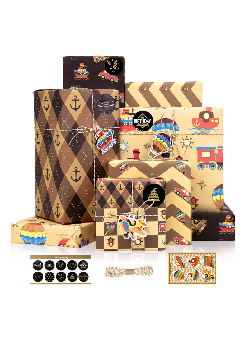 Nautical Brown Birthday Wrapping Paper with Stickers 5 Sheets 70x50cm Perfect for Gift Wrapping Holidays Showers - Image 1