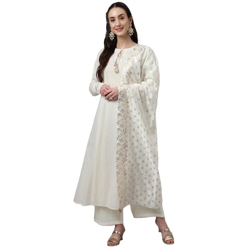 FIORRA Women's Off White Pure Cotton Flared Kurta with Palazzo and Dupatta - Image 1
