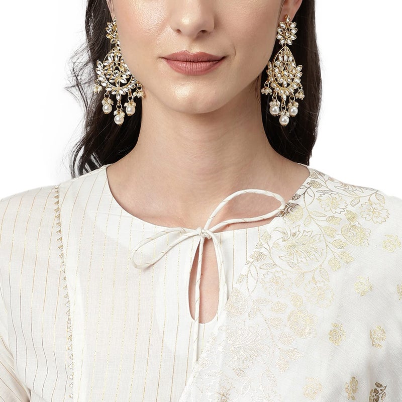FIORRA Women's Off White Pure Cotton Flared Kurta with Palazzo and Dupatta - Image 5