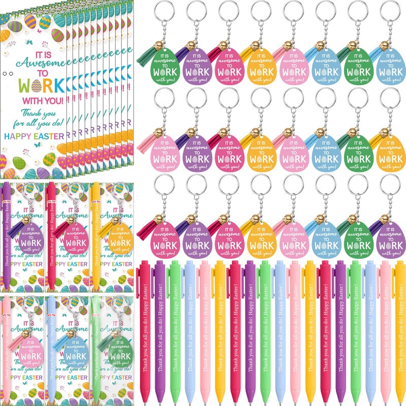 Sinload 24 Sets Easter Gifts Bulk Easter Employee Appreciation Gifts for Staff with Thank You Ballpoint Pens Egg Design Keychains Greeting Cards with Tie for Coworker Office Teacher Nurse - Image 1