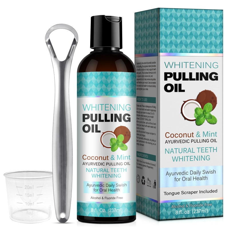 ZCPMFKC Coconut Oil Pulling for Fresh Breath and Oral Hygiene - Ayurvedic Expert Formulated | Supports Healthy Gums | Natural Teeth Whitening - Includes Tongue Scraper and Measuring Cup - 8 fl. oz - Image 1