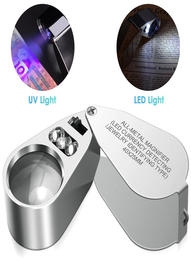 Leffis 40X Jewelers Loupe Magnifier Magnifying Glasses, LED/UV Illuminated Jewelry Loop Pocket Folding Magnifying Glass with Metal Construction for Close Work, Gardening, Kids, Stamp, Rock Collecting - Image 2