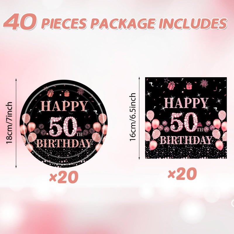 Juhap 50th Birthday Decorations for Her, Rose Gold 50 Years Old Birthday Supplies for 20 Guest Happy 50 Aged Birth Party Tableware Includes 20 Plates and 20 Napkins - Image 2