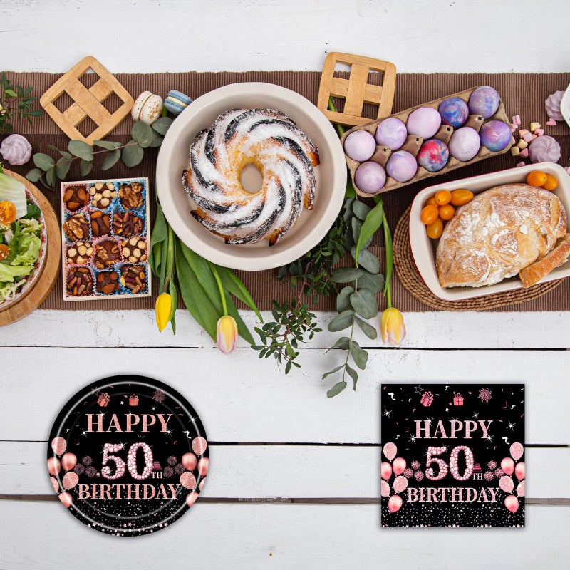 Juhap 50th Birthday Decorations for Her, Rose Gold 50 Years Old Birthday Supplies for 20 Guest Happy 50 Aged Birth Party Tableware Includes 20 Plates and 20 Napkins - Image 5