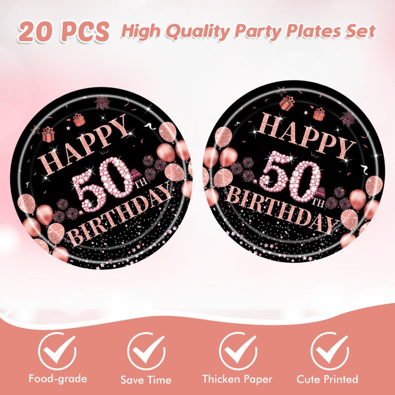 Juhap 50th Birthday Decorations for Her, Rose Gold 50 Years Old Birthday Supplies for 20 Guest Happy 50 Aged Birth Party Tableware Includes 20 Plates and 20 Napkins - Image 3
