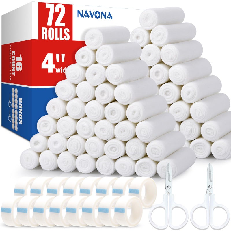 Navona 72 Pack Gauze Rolls Bandages 4 in x 41 Yards Individually Wrapped Breathable Rolled Gauze Mummy Wraps Premium First Aid Supplies Medical Supplies for Wounds