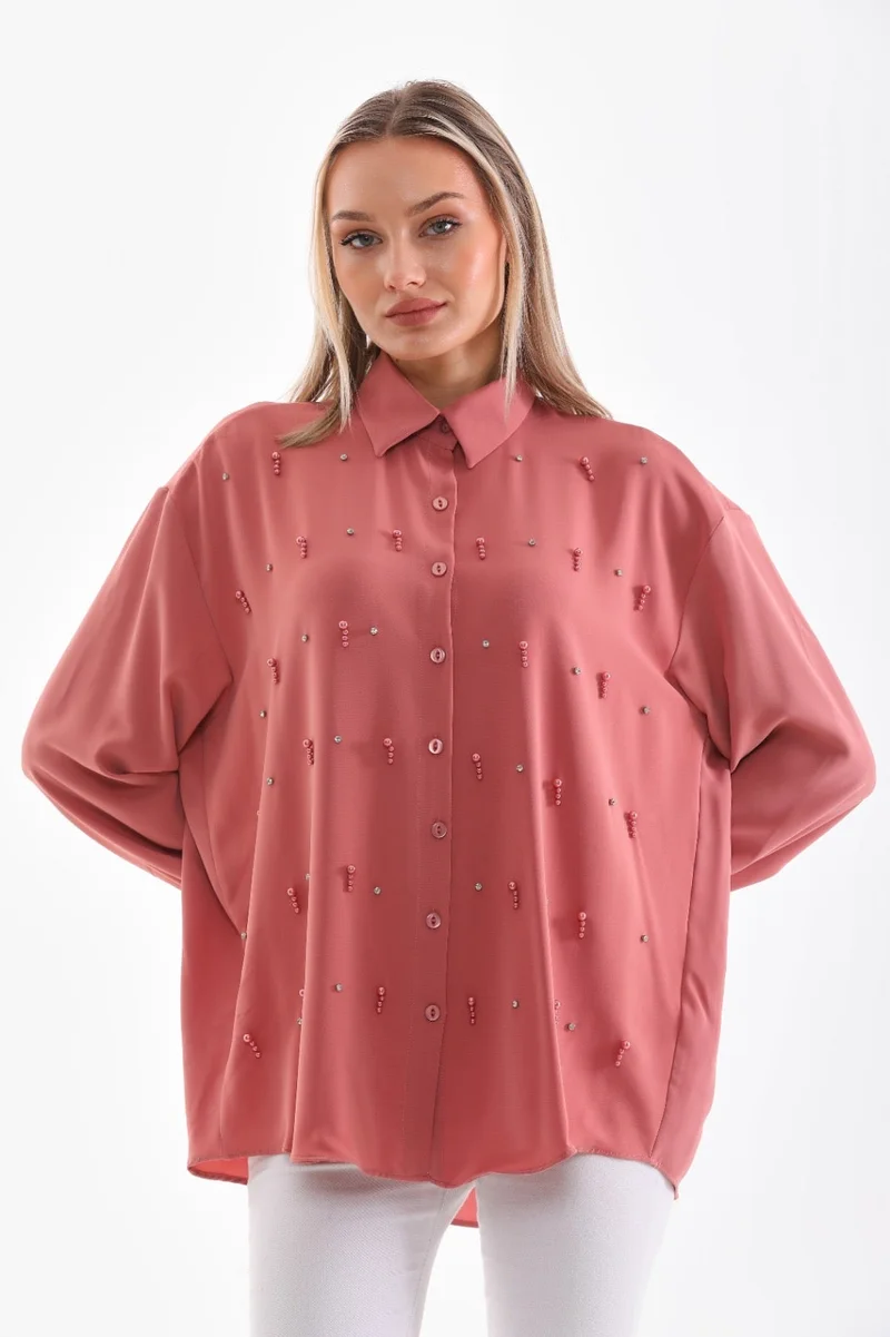 Marvella By Rasha Embellished Button-Down Satin Shirt