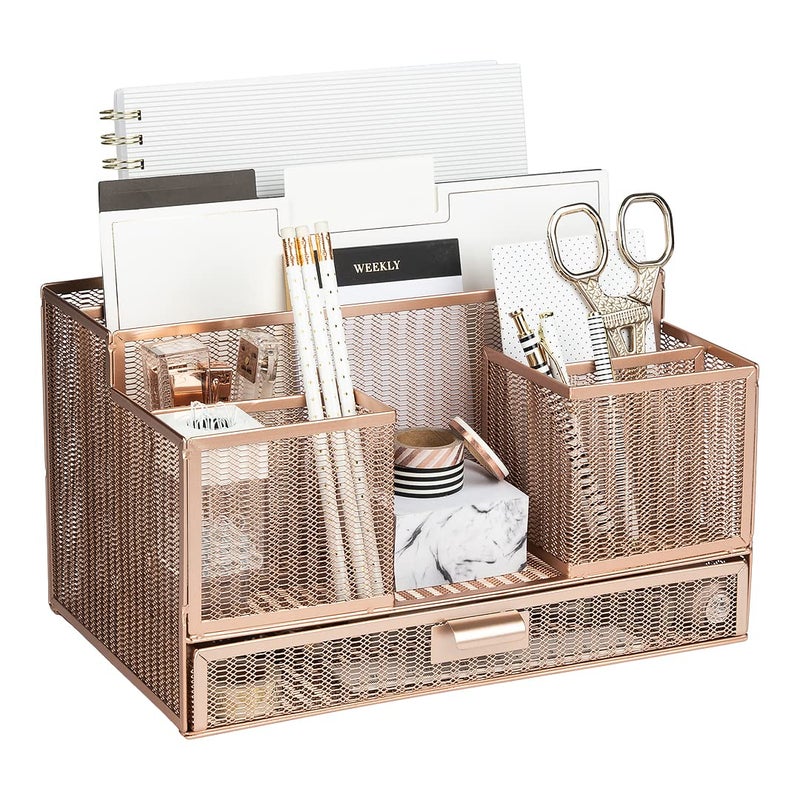 BLU MONACO Rose Gold Desk Organizer with Sticky Note File Holder Office Accessories Workspace Storage Vanity Bathroom Countertop Organizer