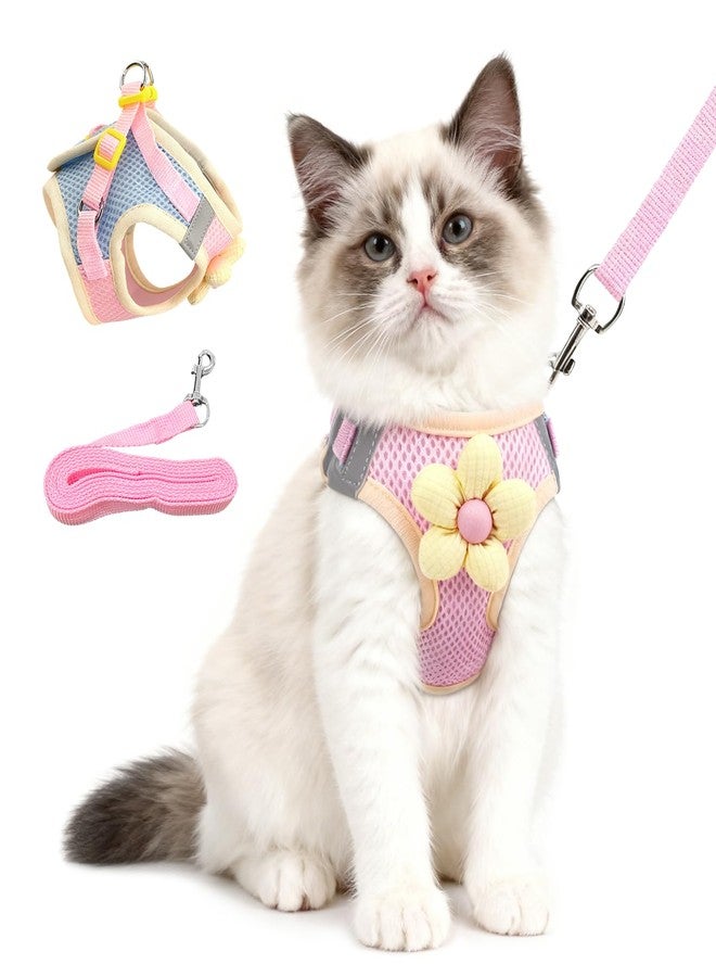 Cat Harness and Leash Set Escape Proof, Adjustable Leash & Breathable Mesh Vest with Reflective Strips & Flower, XS (XS)