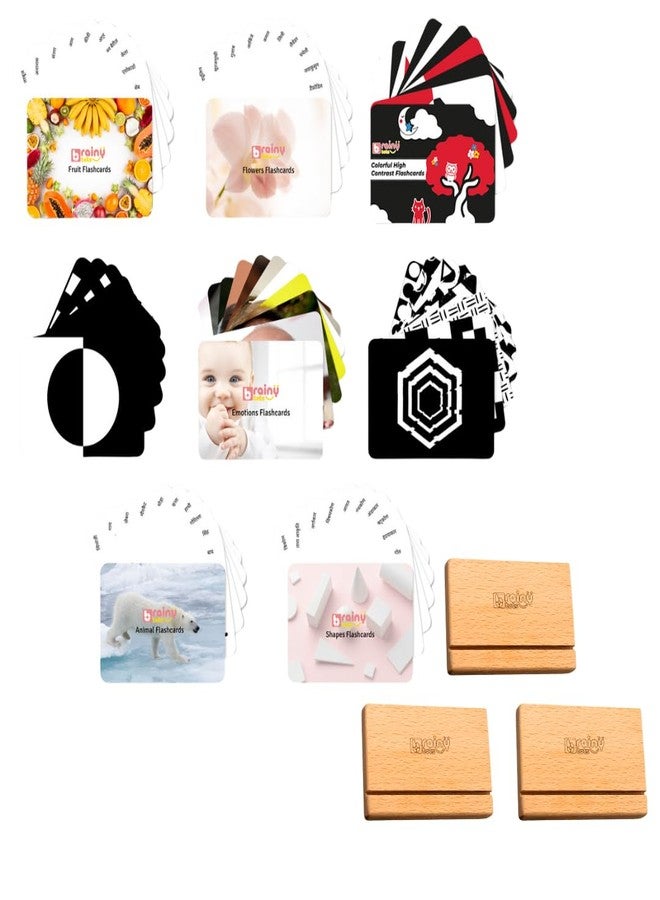 Brainytots Flashcard Set of 8 with 3 Stands | for 0-2 Years | Includes High Contrast - Simple and Complex, Colorful High Contrast, Animals, Fruits, Flowers & Emotions|Visual, Language Multicolor - Image 1