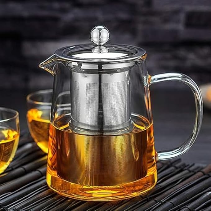 AZSCYN إبريق شاي شفاف سعة 950 مل و32 أونصة مع مصفاة من الفولاذ المقاوم للصدأ المقاوم للحرارة، غلاية شاي زجاجية بمقبض لأوراق الشاي المتفتحة، إبريق شاي زجاجي مع مصفاة لشاي الفاكهة 950 مل - Image 4