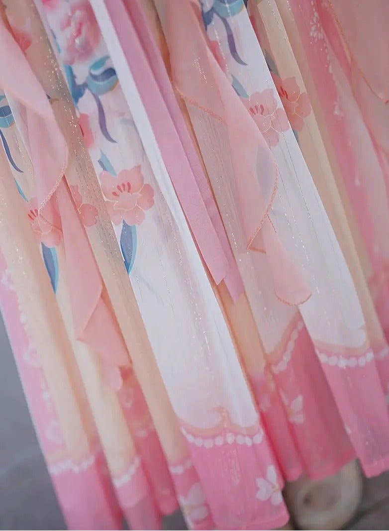 ارواق فستان هانفو التقليدي للفتيات، بدلة تانغ مستوحاة من الطراز العتيق مع طباعة زهور من البوليستر ومزيج الفسكوز، قماش غير قابل للتمدد مثالي لمهرجانات الربيع والخريف، وردي - Image 5