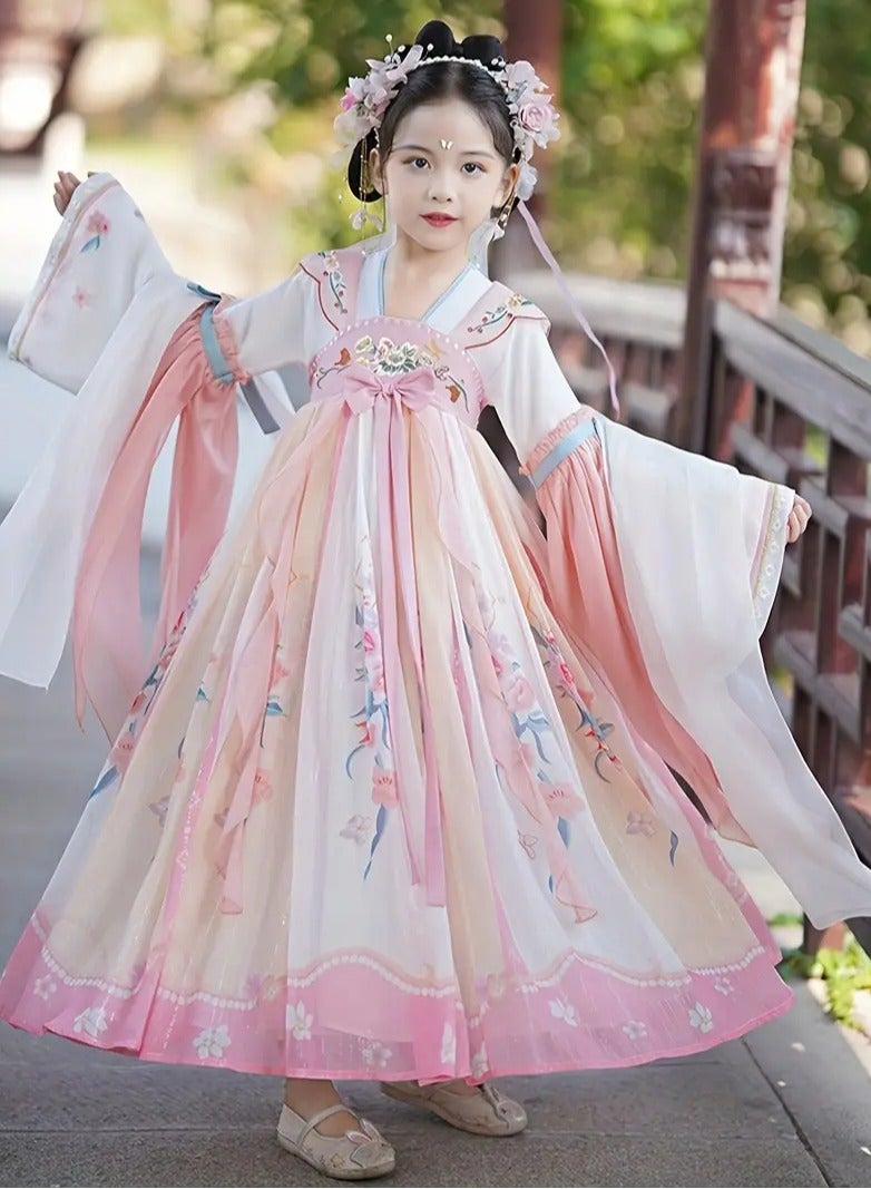 ارواق فستان هانفو التقليدي للفتيات، بدلة تانغ مستوحاة من الطراز العتيق مع طباعة زهور من البوليستر ومزيج الفسكوز، قماش غير قابل للتمدد مثالي لمهرجانات الربيع والخريف، وردي - Image 2