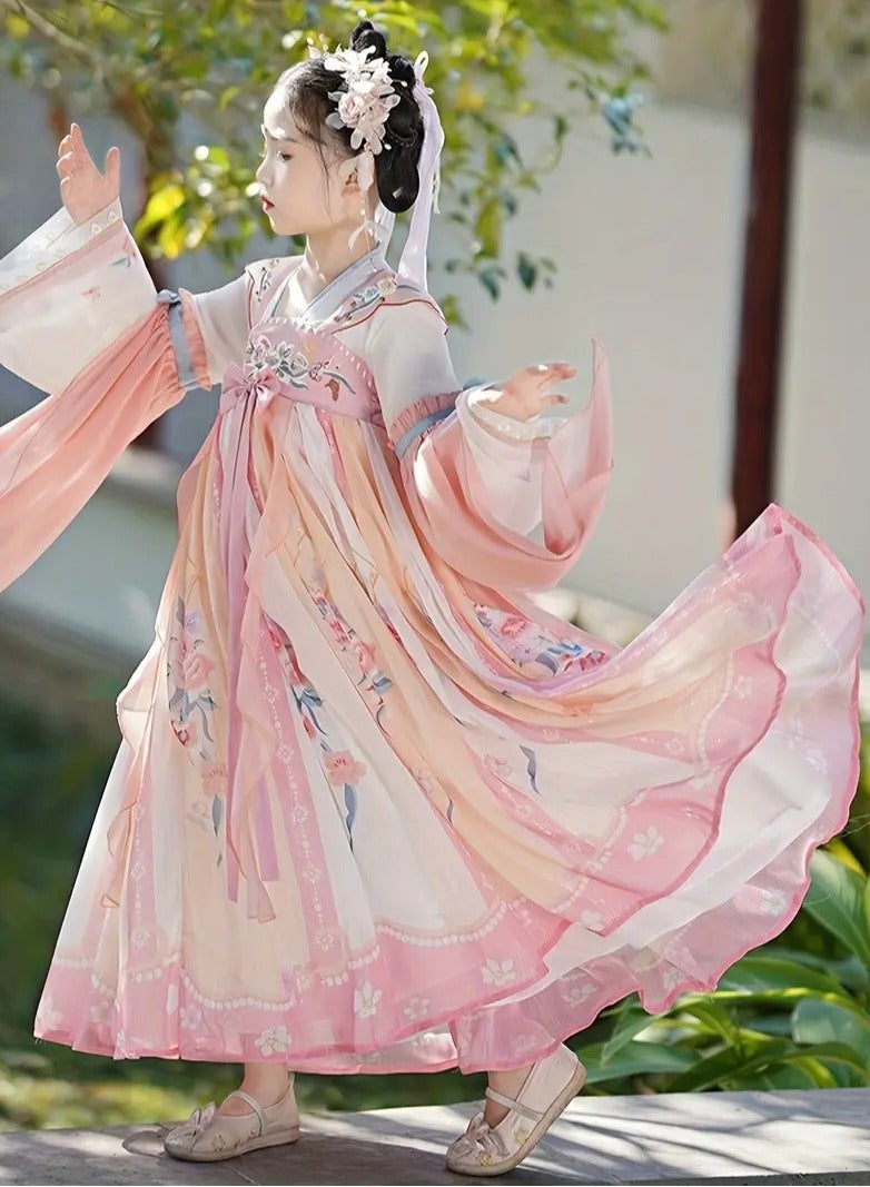 ارواق فستان هانفو التقليدي للفتيات، بدلة تانغ مستوحاة من الطراز العتيق مع طباعة زهور من البوليستر ومزيج الفسكوز، قماش غير قابل للتمدد مثالي لمهرجانات الربيع والخريف، وردي - Image 1