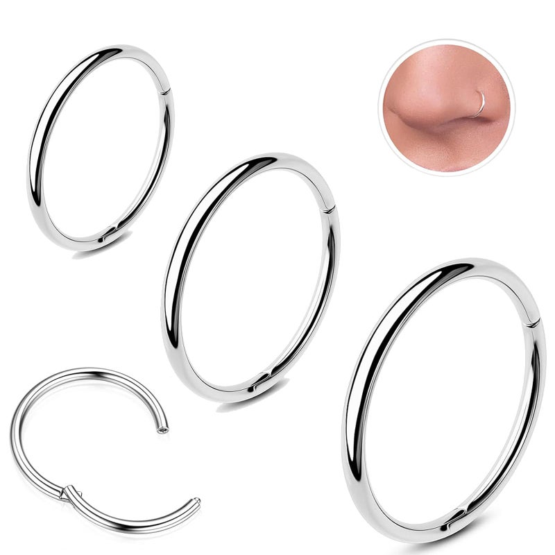 GingYing 3Pcs 18G Silver Nose Rings Hoops for Women Men, Hypoallergenic 316L Surgical Steel Hinged Clicker Segment Nose Hoops Helix Cartilage Daith Tragus Sleeper 6/8/10mm Earrings Real Body Piercing Jewelry - Image 1
