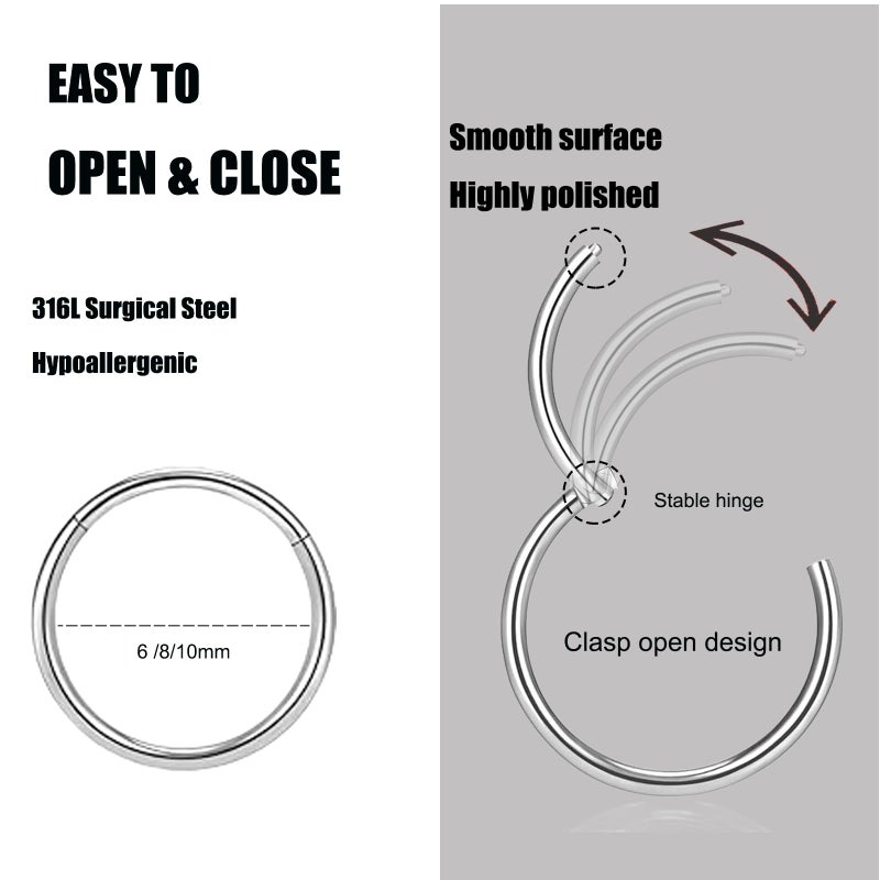 GingYing 3Pcs 18G Silver Nose Rings Hoops for Women Men, Hypoallergenic 316L Surgical Steel Hinged Clicker Segment Nose Hoops Helix Cartilage Daith Tragus Sleeper 6/8/10mm Earrings Real Body Piercing Jewelry - Image 2