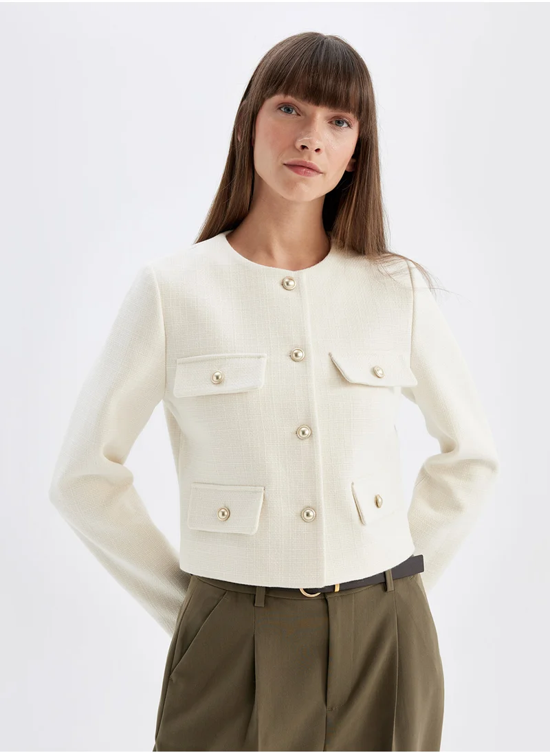 DeFacto Cropped Crew Neck Button-Up Blazer Jacket