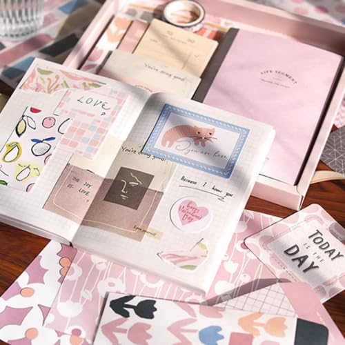 The AutoStory Scrapbooking Kit A6 Junk Journal Notebook Cute Decals Decorative Cardstock Washi Tape DIY Craft Art Diary Planner Decor Keepsake Gift for Women Teens Girls (Warm Greetings, Pink) - Image 2