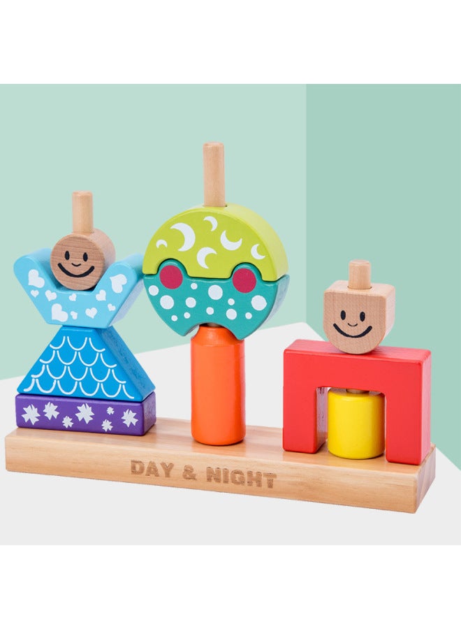 Day And Night Children's Educational Creative Patch Wooden Building Blocks 3-6 Years Old Baby's Hand-Eye Coordination Sensory Training Toy-Color:Day And Night Creative Block  - Image 2