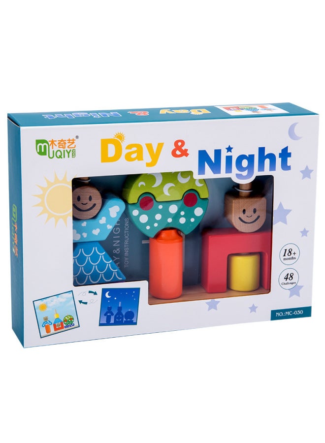 Day And Night Children's Educational Creative Patch Wooden Building Blocks 3-6 Years Old Baby's Hand-Eye Coordination Sensory Training Toy-Color:Day And Night Creative Block  - Image 1