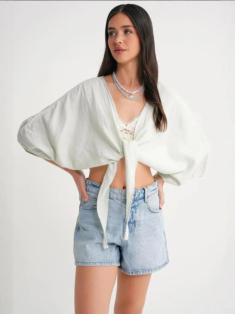 MixRay Sage Green Mixray Textured V-Neck Bolero Blouse for Women | Best Price UAE