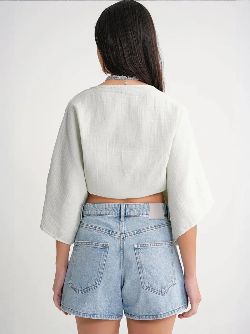 MixRay Sage Green Mixray Textured V-Neck Bolero Blouse for Women | Best Price UAE
