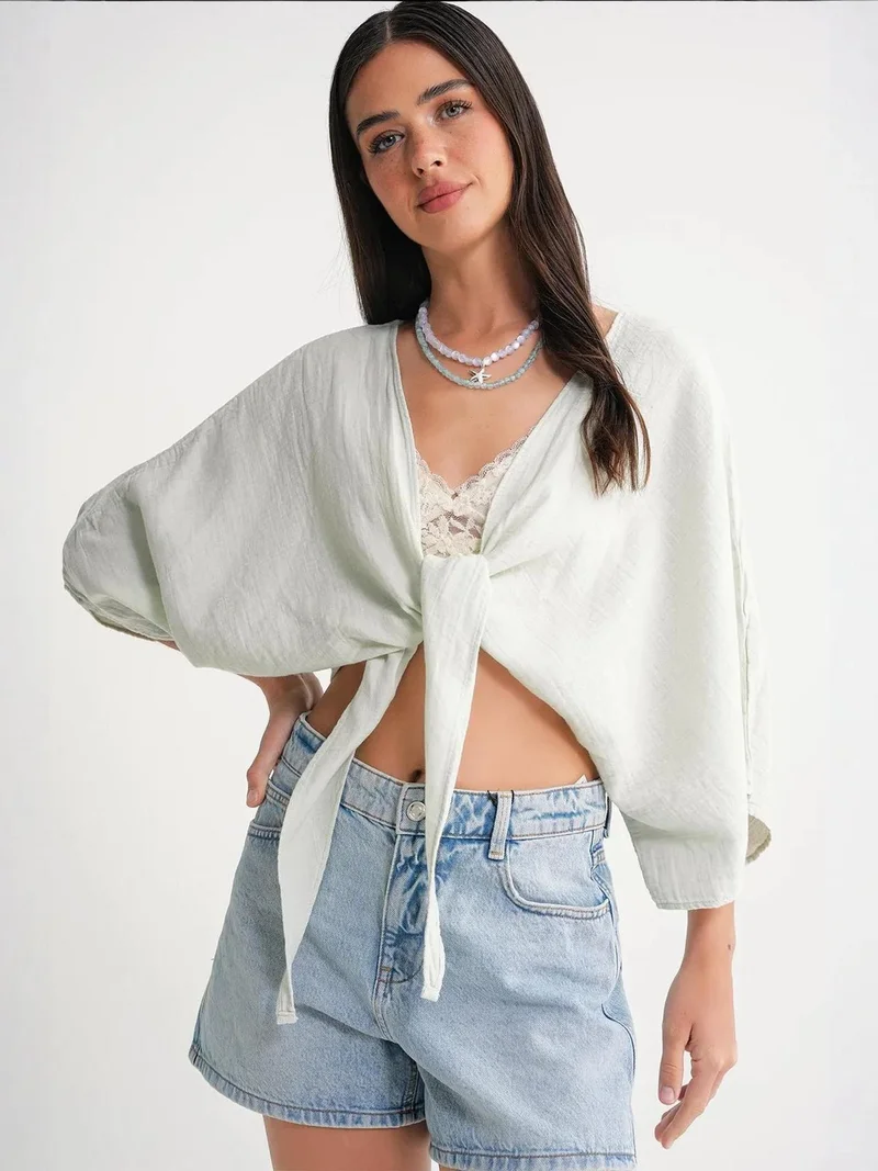 MixRay Sage Green Mixray Textured V-Neck Bolero Blouse for Women | Best Price UAE