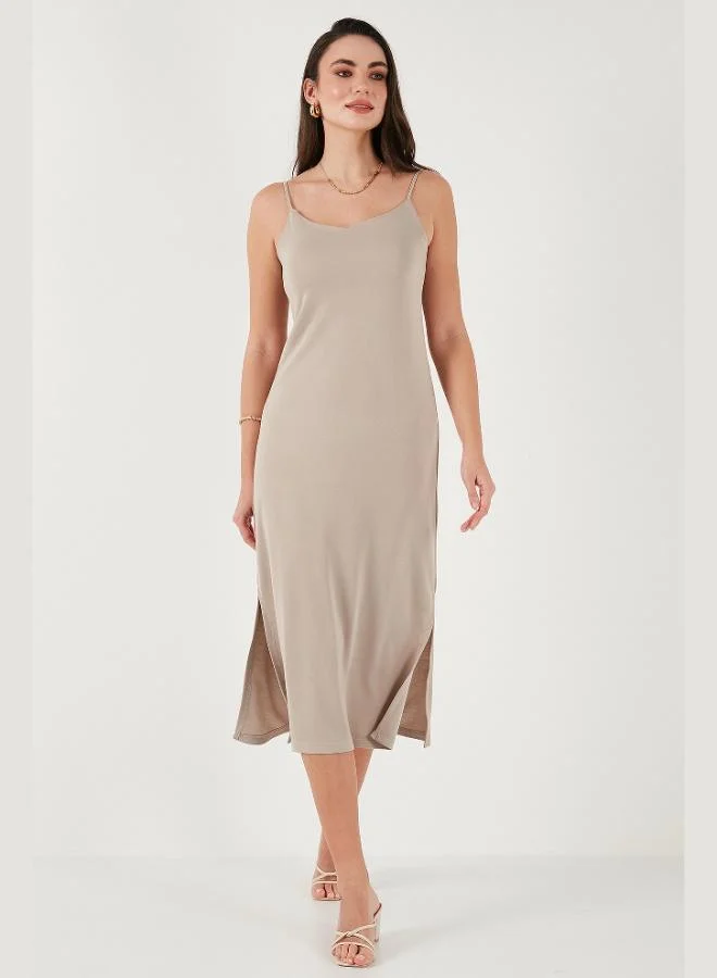 ليلا فستان ميدي ليلا بقصة عادية وحزام حبل وفتحة للنساء