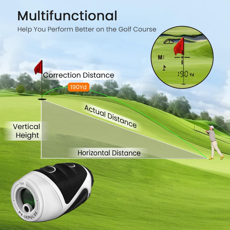 PEAKPULSE 1200 Yards Mini Golf Range Finder for Golfer and Hunter Rangefinder HDLCD 7X Magnification with Slope for Hunting Men Women Rechargeable Flag Locked with Vibration Angle VD HD - Image 5