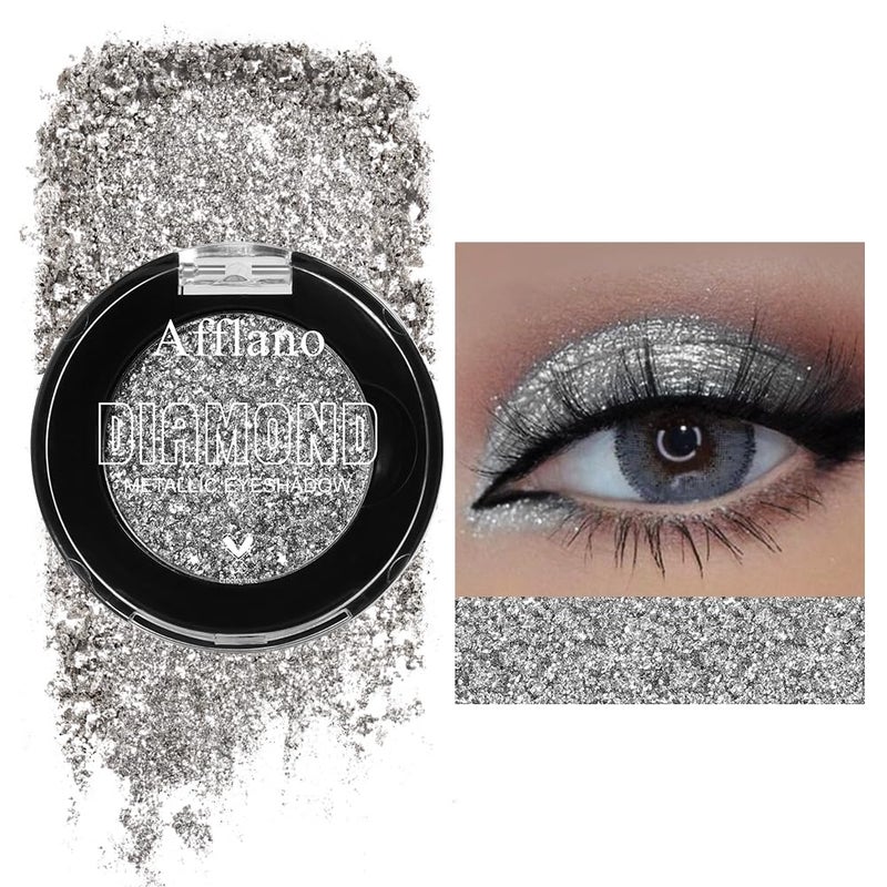 Afflano Silver Glitter Eyeshadow Super Pigmented, Intense Color Gray Silver Eyeshadow Palette Single, Long Lasting Sparkle Shimmer Metallic Glitter Eyes Look, Blendable Neutral Grey Eye Shadow Makeup - Image 1