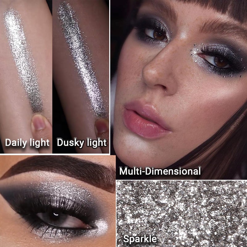 Afflano Silver Glitter Eyeshadow Super Pigmented, Intense Color Gray Silver Eyeshadow Palette Single, Long Lasting Sparkle Shimmer Metallic Glitter Eyes Look, Blendable Neutral Grey Eye Shadow Makeup - Image 2