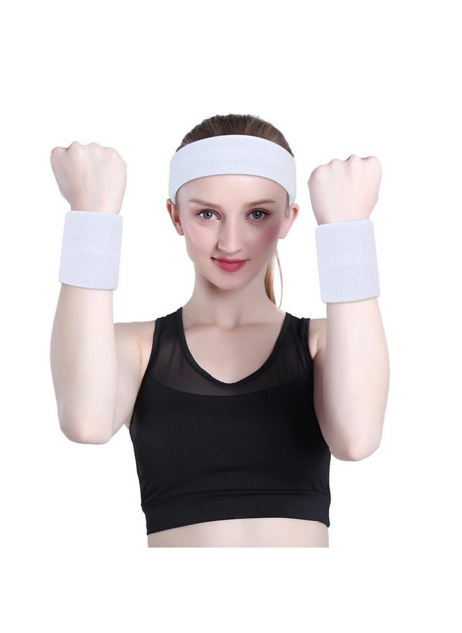 OnUpgo - White Sweatband Set Sports Headband Wristband Set Sweatbands Terry Cloth Wristband Wrist Sweatband Headbands Moisture Wicking Sweat Absorbing Head Band - Image 1