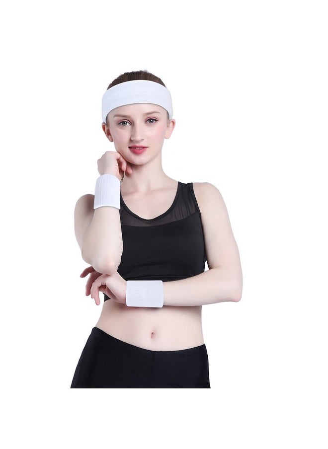 OnUpgo - White Sweatband Set Sports Headband Wristband Set Sweatbands Terry Cloth Wristband Wrist Sweatband Headbands Moisture Wicking Sweat Absorbing Head Band - Image 1