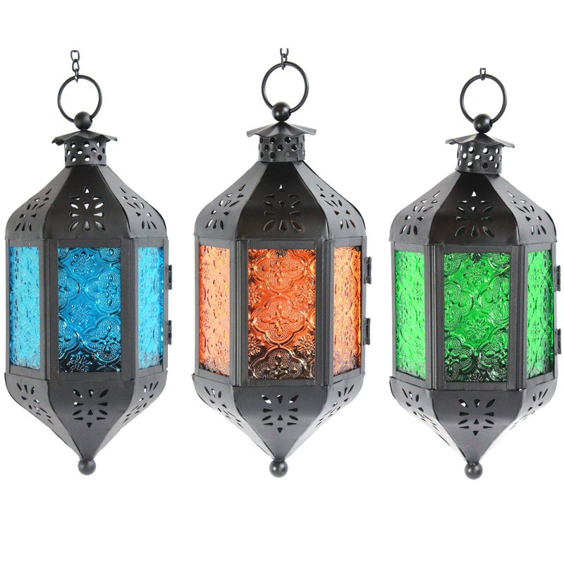 Vela Lanterns Decorative Hanging Candle Lantern Holders BlueAmberGreen Set of 3