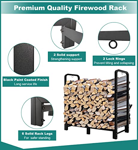 Fandature 4Ft Firewood Rack Adjustable Fireplace Wood Holder for Outdoor Indoor Storage Log - Heavy Duty Fire Log Lumber Stand Stacker, Black - Image 3