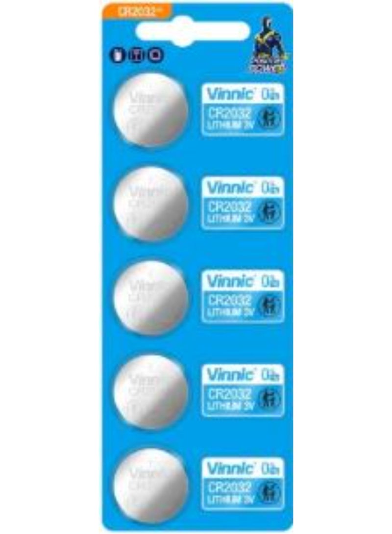 عبوة من 5 بطاريات ليثيوم Vinnic CR2032 بجهد 3 فولت وخالية من الزئبق (0% Hg)