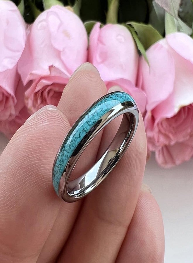 TUTISS 4mm Tungsten Rings for Women Men Wedding Bands Crushed Turquoise Inlay Domed Polished Comfort Fit Size 5.5 - Image 4