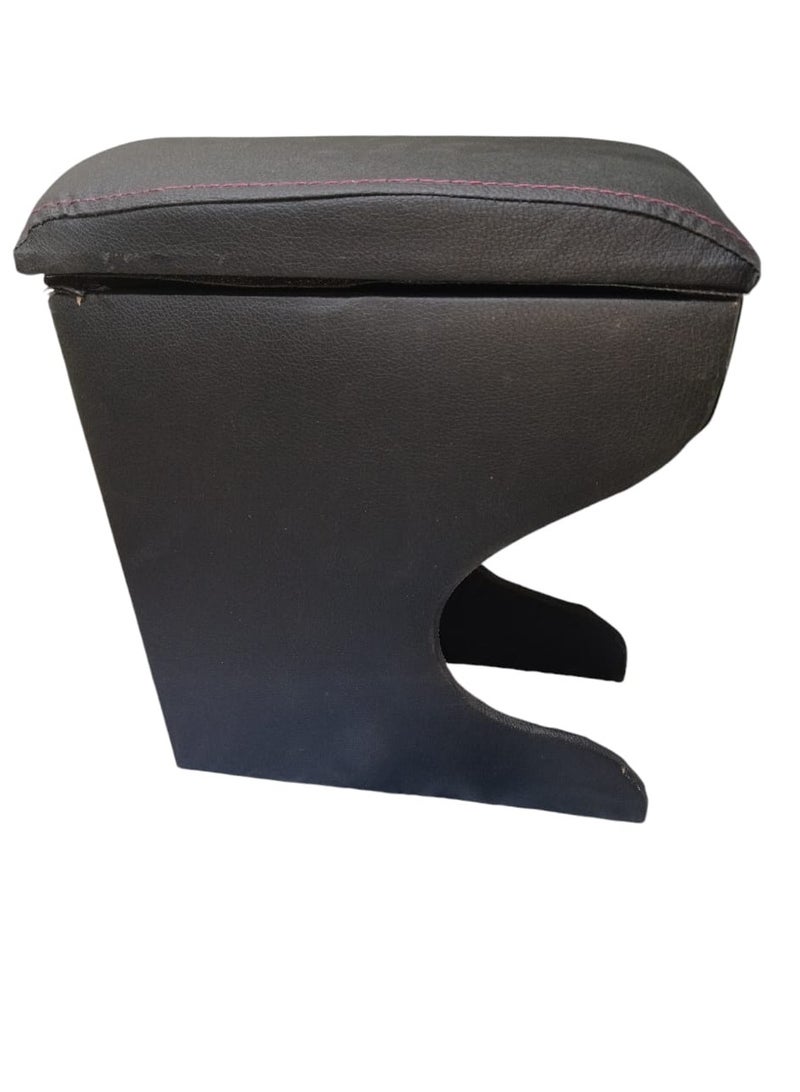Car armrest unit with leather and plastic storage box with Excel type armrest pillow black with red stitching - Image 1