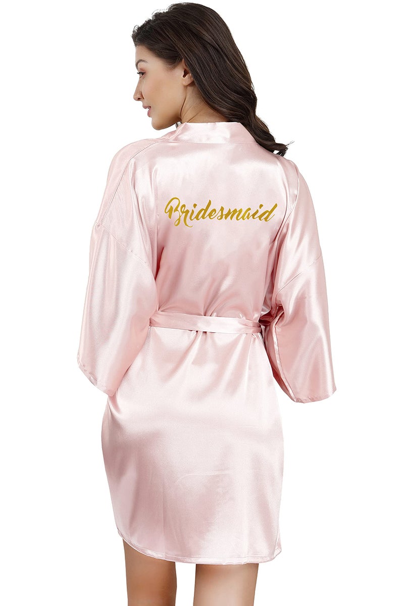 EPLAZA Bride Bridesmaid Robes for Wedding Bridal Party Women Short Solid Color Silky Satin Robe Kimono with Gold Glitters (Pink, Brideamaid) - Image 1