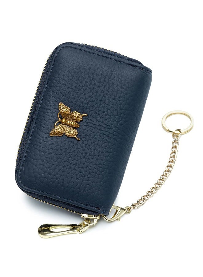 imeetu RFID Credit Card Holder for Women Genuine Leather Card Case Wallet with Zipper and Removable Keychain, Blue, Small, Credit Card Case Wallet - Image 1