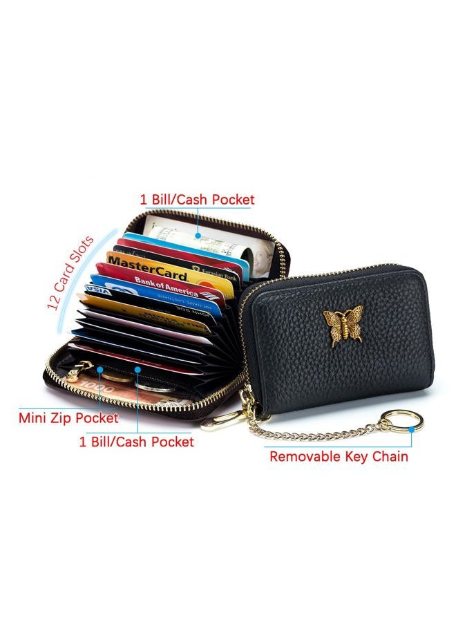 imeetu RFID Credit Card Holder for Women Genuine Leather Card Case Wallet with Zipper and Removable Keychain, Blue, Small, Credit Card Case Wallet - Image 3