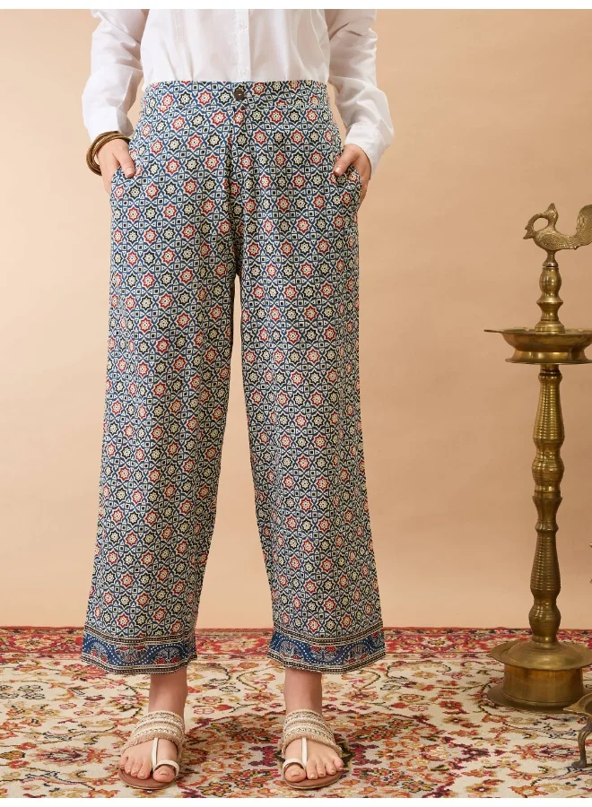 globus Globus Women Indigo Ethnic Print Mid-Rise Straight Fit Fusion Trousers