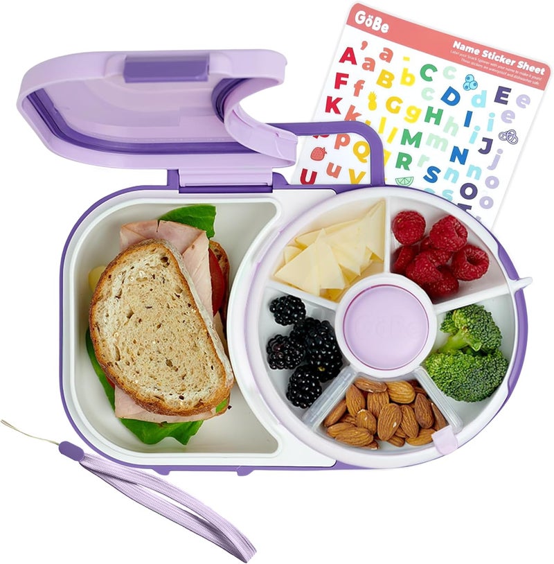 GoBe Kids Lunchbox with Small Snack Spinner Flip - Bundle with Hand Strap & Sticker Sheet, 2-in-1 Bento Style Lunch Container, 5 Small +1 Large Sandwich Compartment, BPA & PVC Free - Taro Purple - Image 1