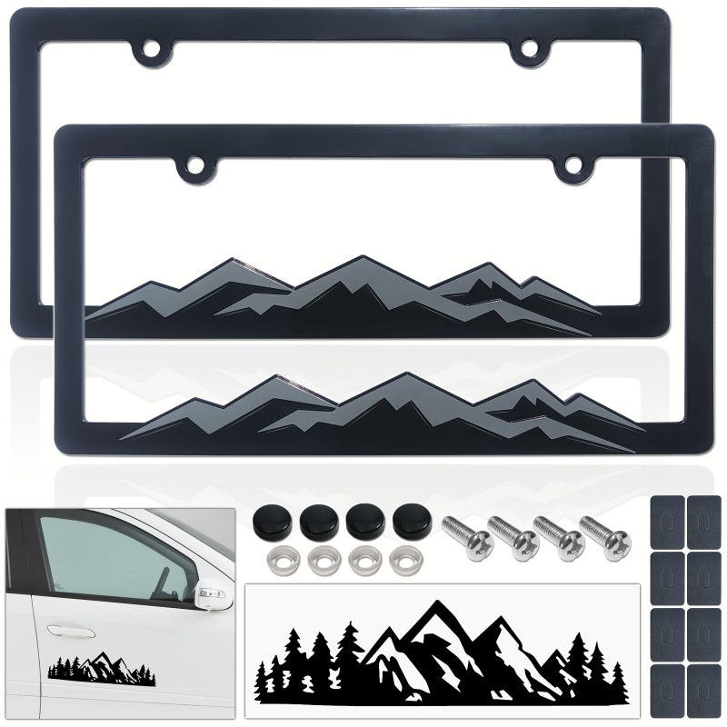 BGGTMO Mountain License Plate Frames- Gray on Black Mountain Raised, Plastic Car Tag Holder Bracket with Screws Caps, 2 Packs 2 Hole with Mountain Vinyl Sticker - Image 1
