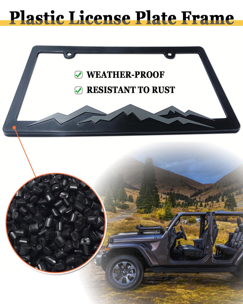 BGGTMO Mountain License Plate Frames- Gray on Black Mountain Raised, Plastic Car Tag Holder Bracket with Screws Caps, 2 Packs 2 Hole with Mountain Vinyl Sticker - Image 2