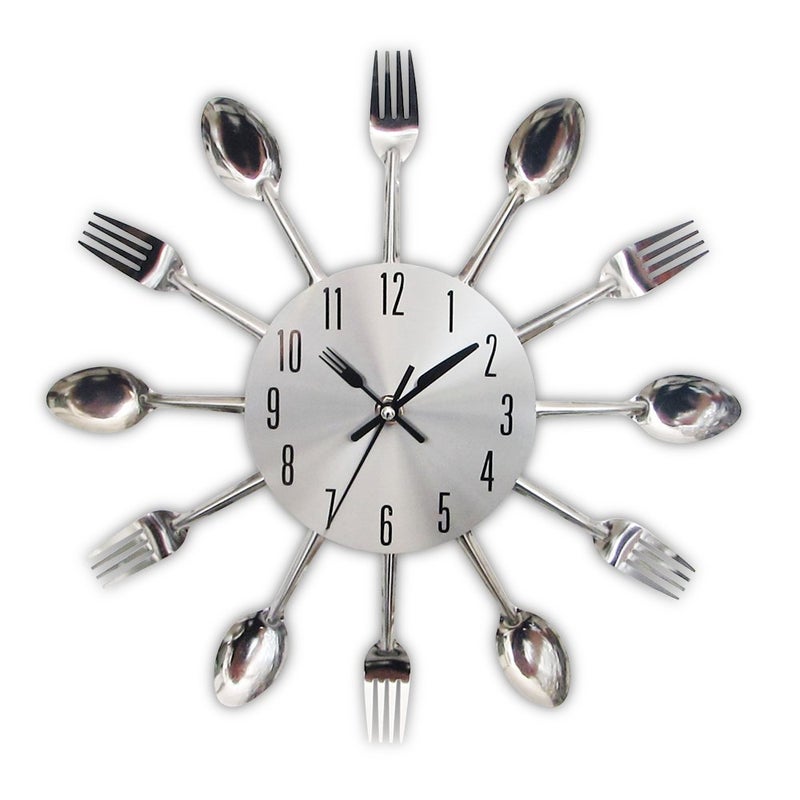 Timelike Kitchen Wall Clock, 3D Removable Modern Creative Cutlery Kitchen Spoon Fork Wall Clock Mirror Wall Decal Wall Sticker Room Home Decoration - Image 1