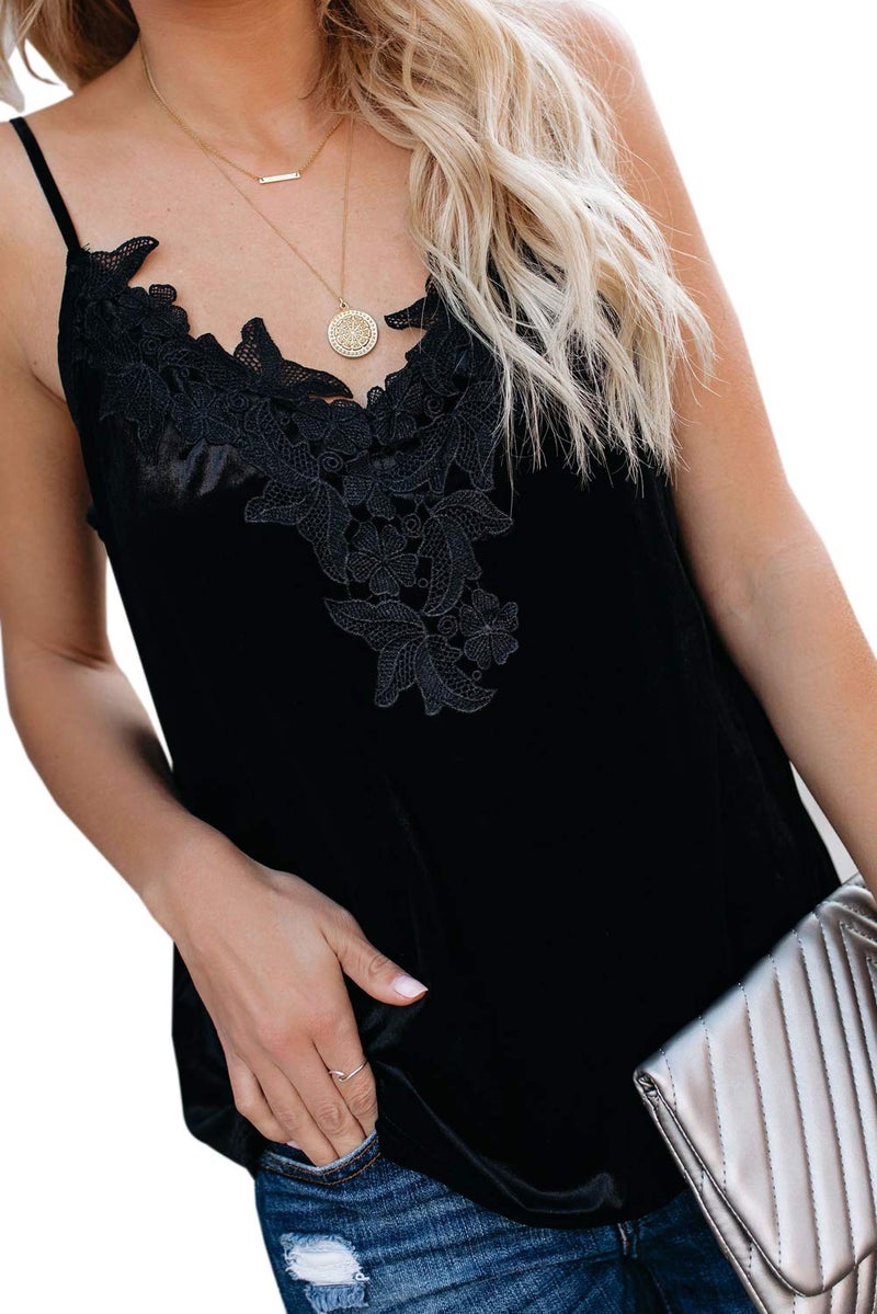 lime flare Women Sexy Sparkle Crushed Lace Trim Cami Tank Top Silk Satin Velvet Camisole Shirt (Black Velvet,L) - Image 4