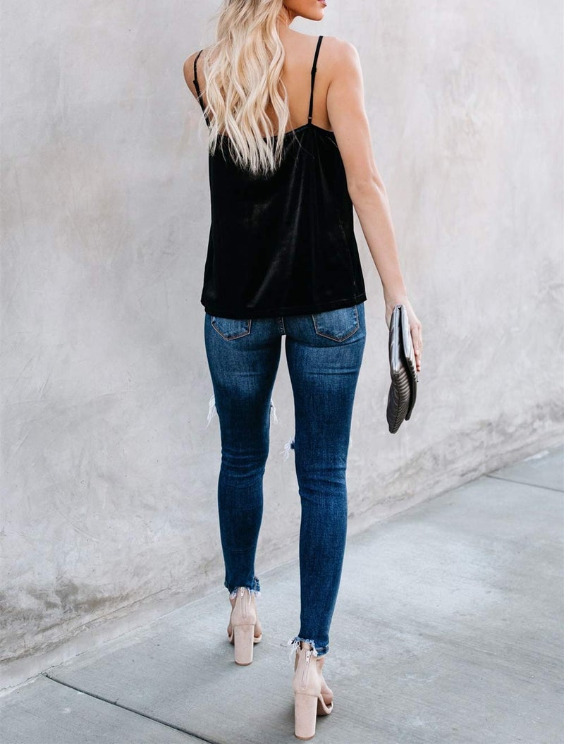 lime flare Women Sexy Sparkle Crushed Lace Trim Cami Tank Top Silk Satin Velvet Camisole Shirt (Black Velvet,L) - Image 3